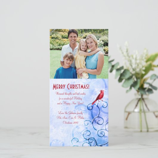 Rood kardinaal en cirkels: Familie met kerstfoto's Feestdagenkaart (Staand voorkant)
