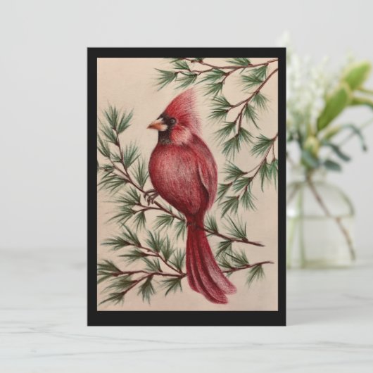 Rood kardinaal en pijnbomen bedankkaart (Staand voorkant)