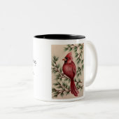Rood kardinaal en pijnbomen tweekleurige koffiemok (Voorkant rechts)