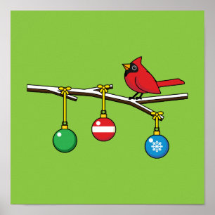 Rood kardinaal op kerstbaltak poster