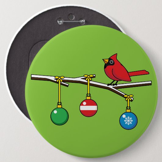 Rood kardinaal op kerstbaltak ronde button 6,0 cm (Voorkant /achterkant)