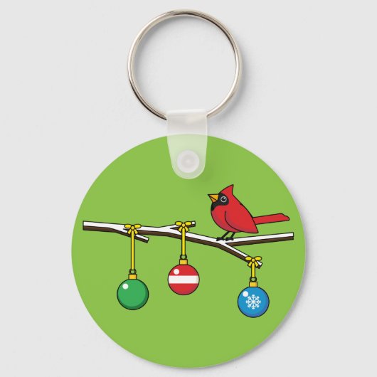 Rood kardinaal op kerstbaltak sleutelhanger (Voorkant)
