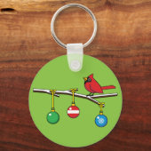 Rood kardinaal op kerstbaltak sleutelhanger (Voorkant)