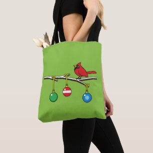 Rood kardinaal op kerstbaltak tote bag