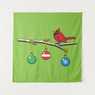 Rood kardinaal op kerstbaltak wandkleed