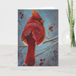 Rood Kardinaal Rood Vogelfruit Watercolor Kunst Kaart