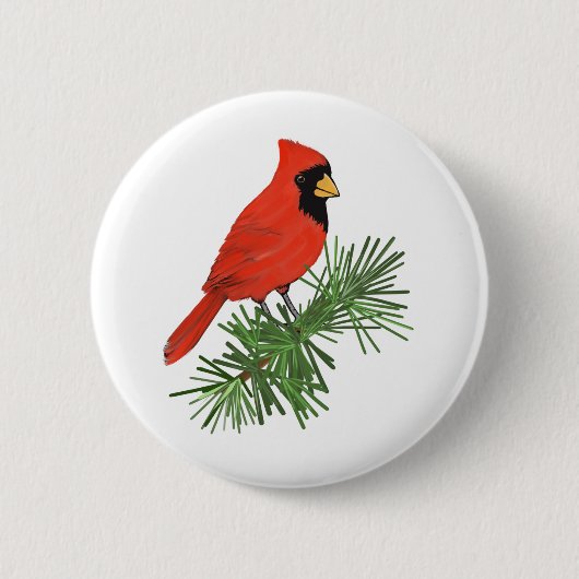 Rood kardinaal vogel op pijnboom ronde button 5,7 cm (Voorkant)