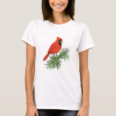 Rood kardinaal vogel op pijnboom t-shirt (Voorkant)