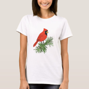 Rood kardinaal vogel op pijnboom t-shirt