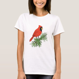 Rood kardinaal vogel op pijnboom t-shirt