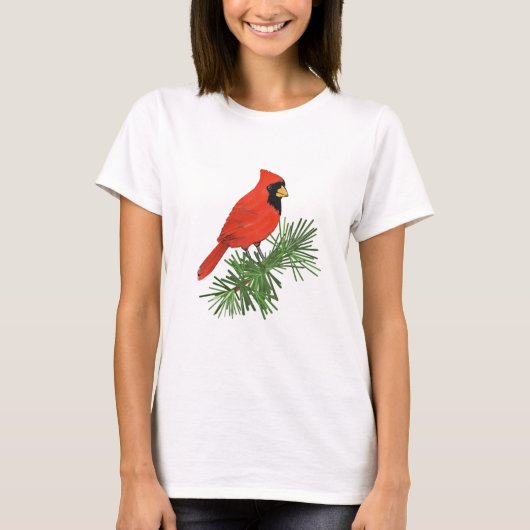 Rood kardinaal vogel op pijnboom t-shirt (Voorkant)