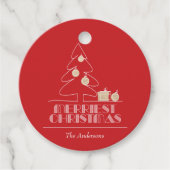 Rood kerstboomfeest bedankjes labels (Voorkant)