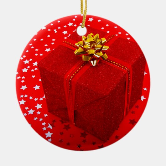 Rood kerstcadeau keramisch ornament (Voorkant)