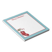 Rood kerstcadeau met blauwe en aangepaste tekst notitieblok (Schuin)