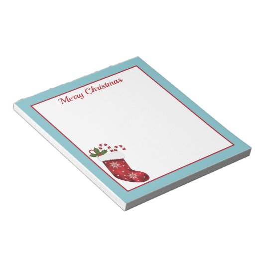 Rood kerstcadeau met blauwe en aangepaste tekst notitieblok (Schuin)