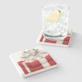Rood kerstcadeau wit lint stenen onderzetter (Zijkant)