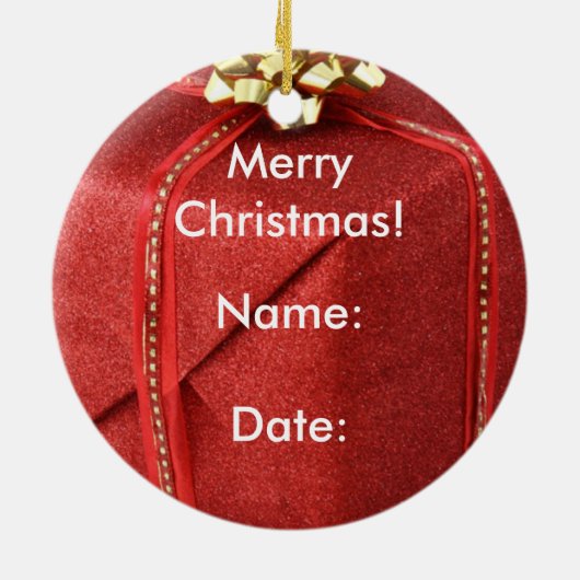 Rood kerstcadeautje keramisch ornament (Achterkant)