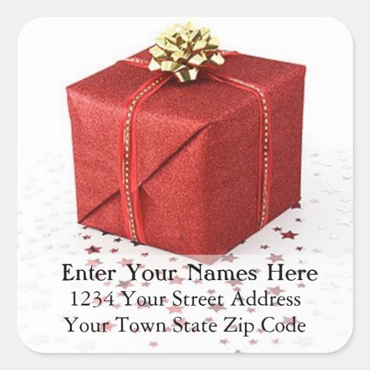 Rood kerstcadeautje met label voor sterren (Voorkant)