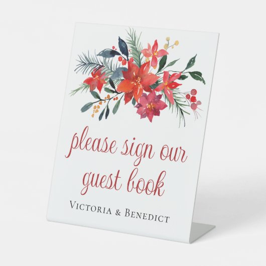 Rood kerstcadeautje Poinsettia Floral Wedding Gues Reclamebord Met Voetstuk (Voorkant)