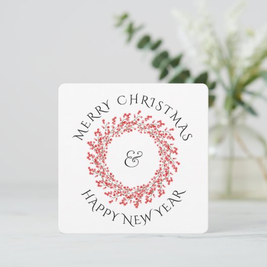 Rood kerstfeest Berry Wreath & Holiday Photo Feestdagenkaart (Staand voorkant)