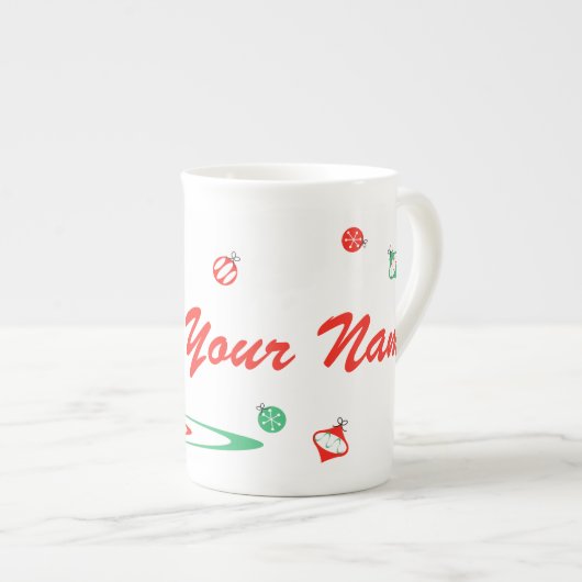 Rood kerstfeest Flamingo Name bone china Porselein Kop (Voorkant rechts)