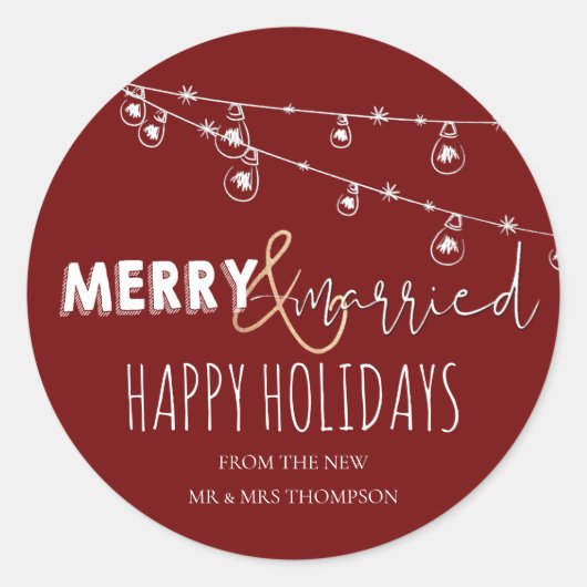 Rood Kerstfeest & Getrouwd Pasgetrouwd Prettige Fe Ronde Sticker (Voorkant)