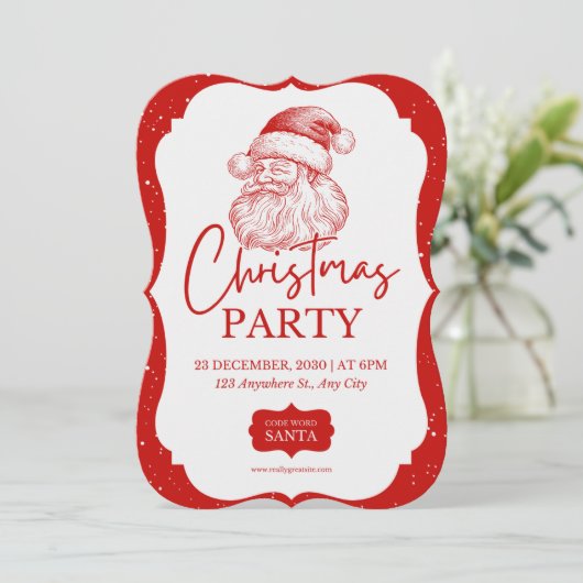 Rood kerstfeest met kerstman uitnodiging (Staand voorkant)