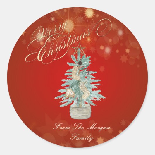 Rood kerstfeest met Waterverf pine-boom Ronde Sticker (Voorkant)