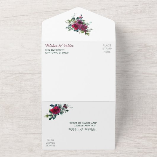 Rood kerstfeest Roos gouden Lijst bruiloft All In One Uitnodiging (Buitenkant)