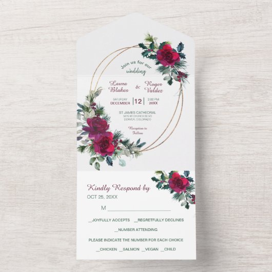 Rood kerstfeest Roos gouden Lijst bruiloft All In One Uitnodiging (Binnen)