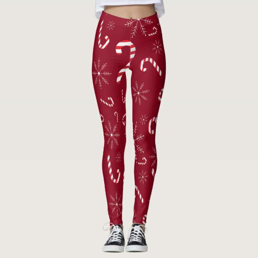 Rood kerstfeestelijk snoepriet Snowflakes Cute Leggings (Voorkant)