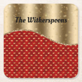 Rood kerstflesje met gouden lint en naam kartonnen onderzetters (Voorkant)