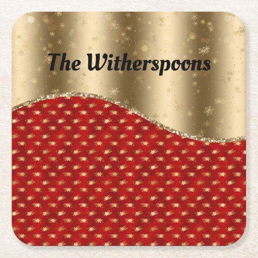 Rood kerstflesje met gouden lint en naam kartonnen onderzetters (Voorkant)