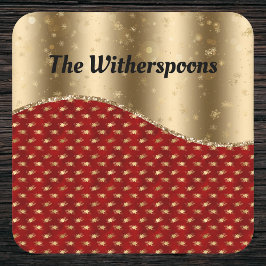 Rood kerstflesje met gouden lint en naam kartonnen onderzetters