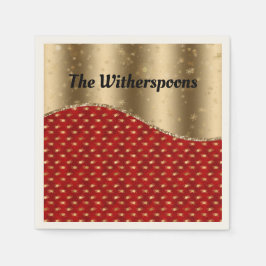 Rood kerstflesje met gouden lint en naam servet