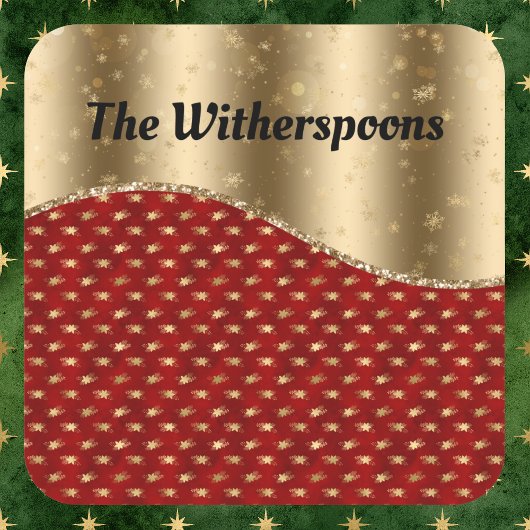 Rood kerstflesje met gouden lint en naam vierkante sticker