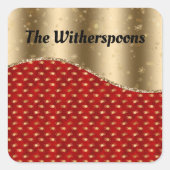 Rood kerstflesje met gouden lint en naam vierkante sticker (Voorkant)