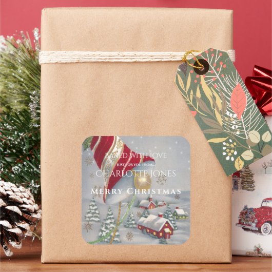 Rood Kerstgebell Country Village Vierkante Sticker (Feestdagen)