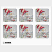 Rood Kerstgebell Country Village Vierkante Sticker (Vel)