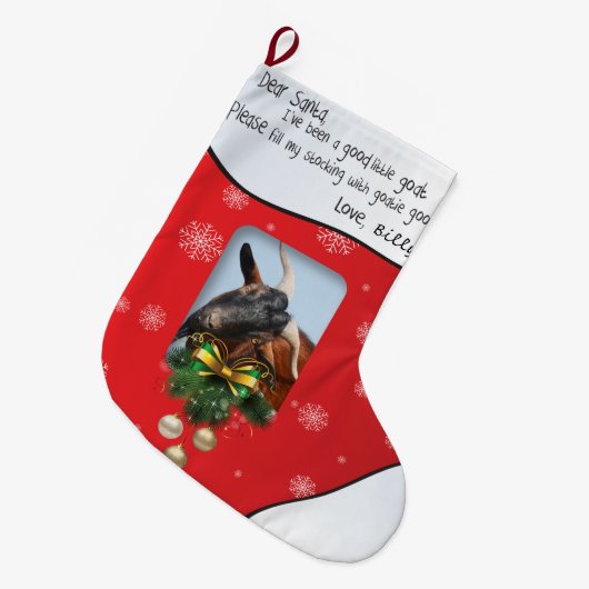 Rood kerstgeit VOEG UW GOAT-foto TOE Grote Kerstsok (Voorkant (Hangend))