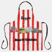 Rood kerstgestreept design met auto's en bomen schort (Voorkant)