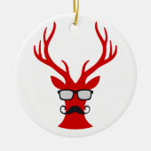 Rood kersthert met snor en nerdglazen keramisch ornament (Voorkant)