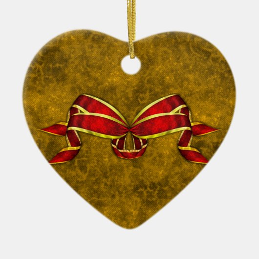 Rood kerstlint op goud keramisch ornament (Voorkant)