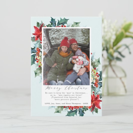 Rood Kerstmis Bloemen Grappig bericht Foto Feestdagenkaart (Staand voorkant)