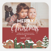 Rood Kerstmis Dorp Familie Foto Vakantie Vierkante Sticker (Voorkant)