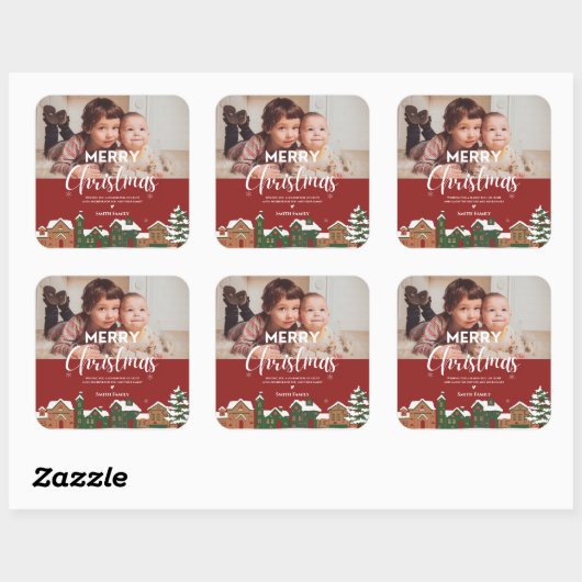 Rood Kerstmis Dorp Familie Foto Vakantie Vierkante Sticker (Vel)