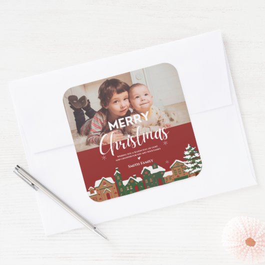 Rood Kerstmis Dorp Familie Foto Vakantie Vierkante Sticker (Envelop)