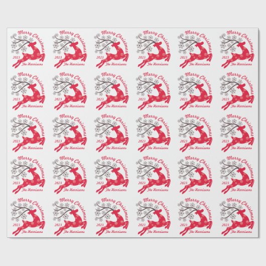 Rood Kerstmis Rendier Sneeuwvlok Naam Wit Cadeaupapier (Vlak)