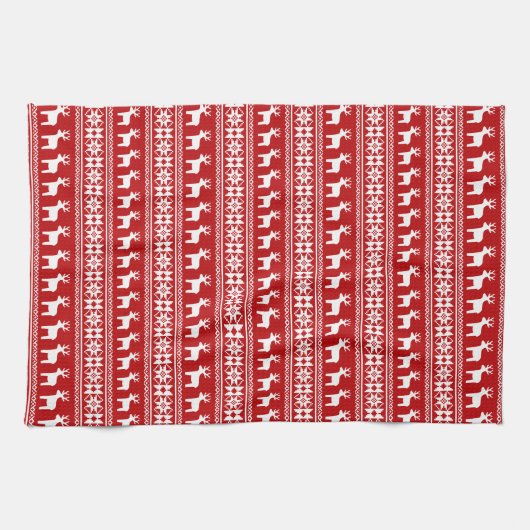 Rood kerstrendiertje Snowflake Classic Patroon Theedoek (Horizontaal)