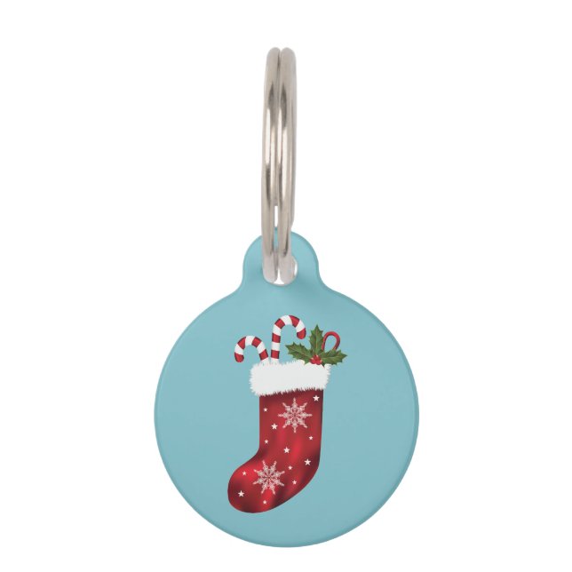 Rood kerststouwen met snoepsuikerriet en Holly Huisdierpenning (Voorkant)